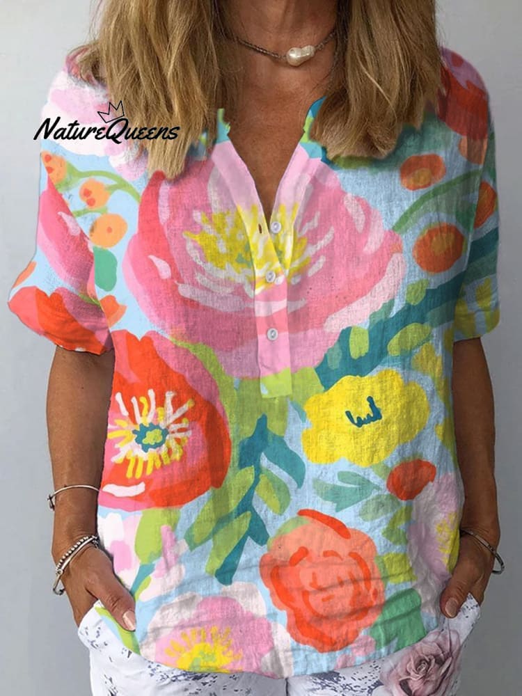 Dames Bloemen Kunstafdruk Casual linnen V-hals shirt 