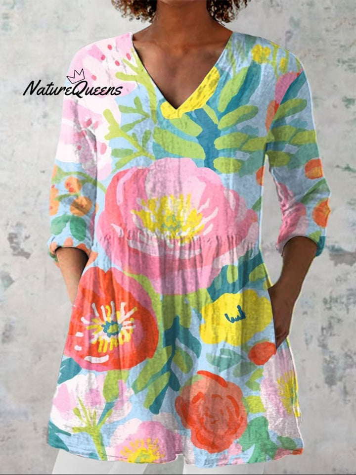 Dames Bloemen Kunstafdruk Casual linnen V-hals shirt 