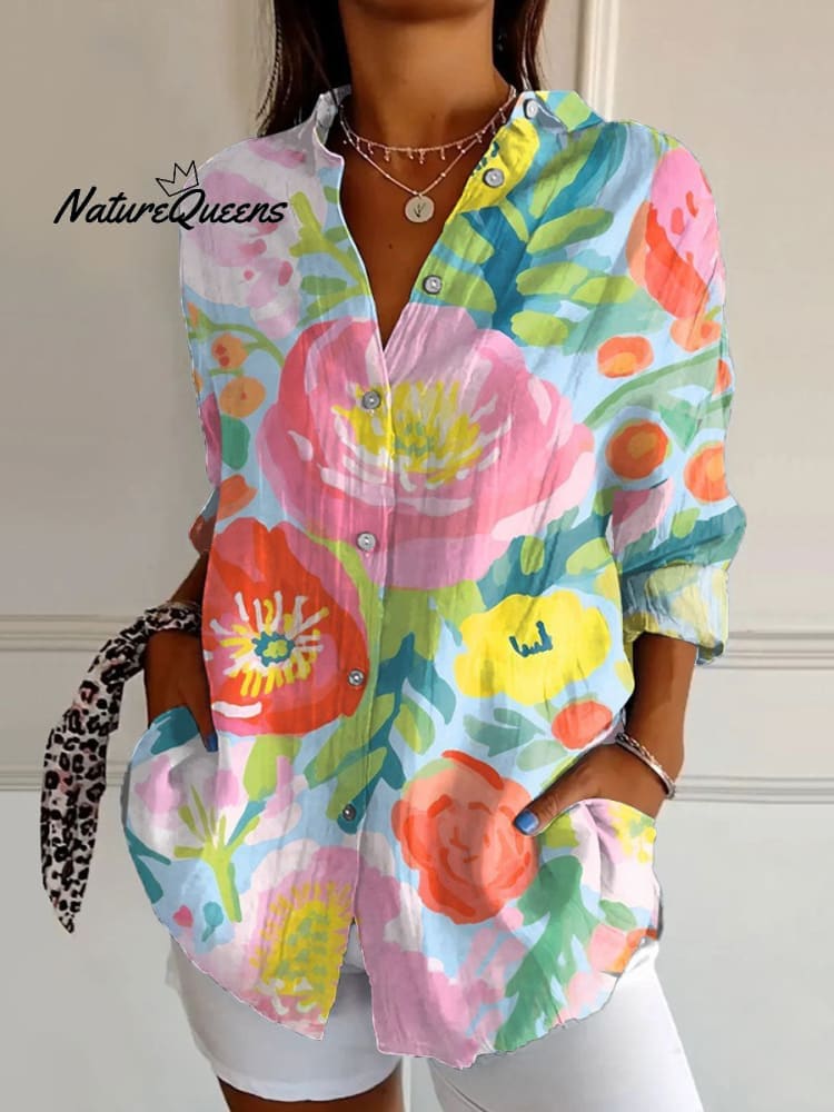 Dames Bloemen Kunstafdruk Casual linnen V-hals shirt 