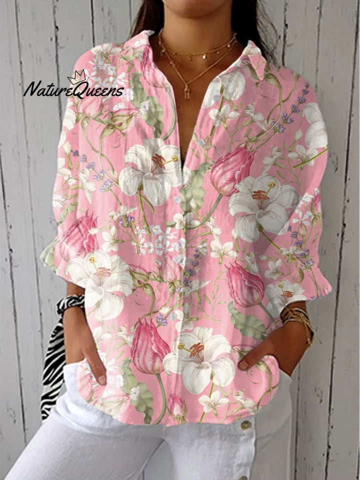 Dames Vintage Bloemen Kunstprint Casual linnen V-hals shirt