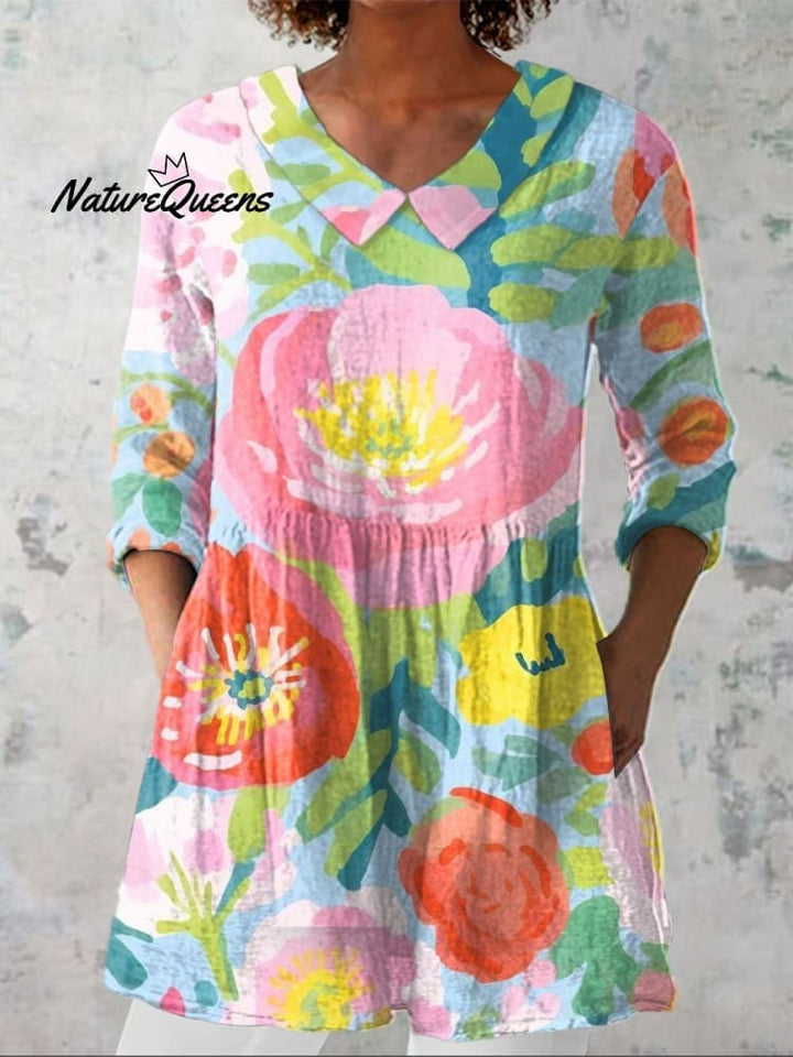 Dames Bloemen Kunstafdruk Casual linnen V-hals shirt 