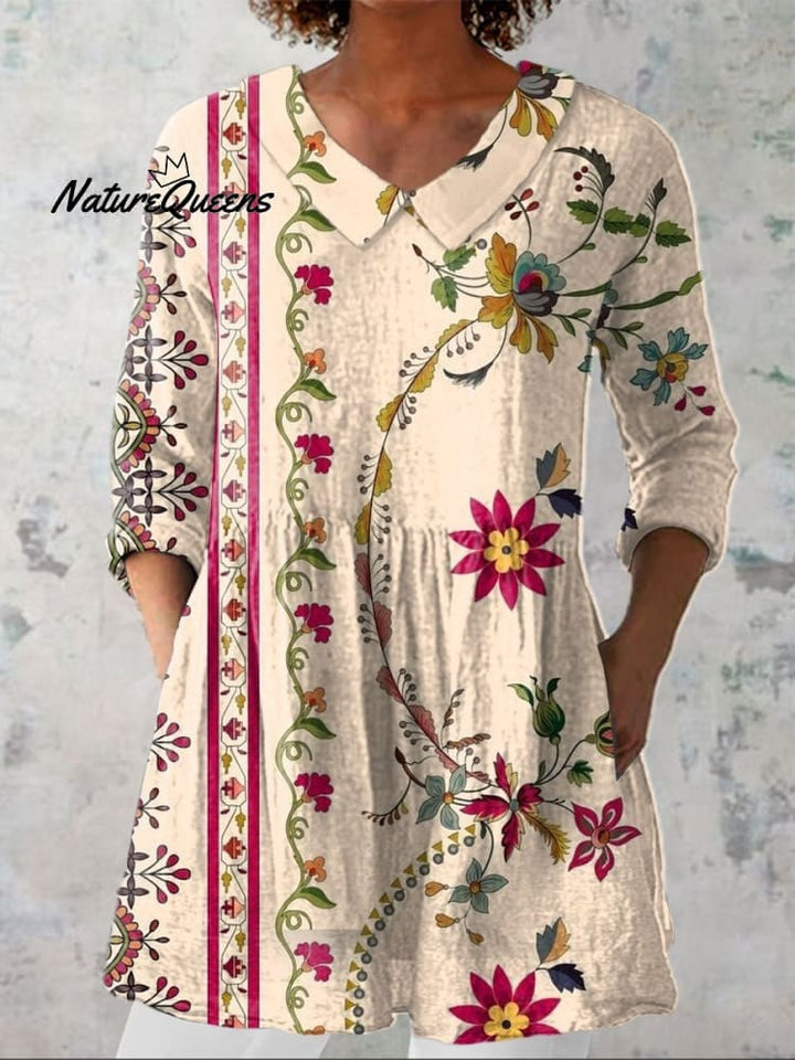 Dames Boho Bloemen Kunstafdruk Casual linnen V-hals shirt 