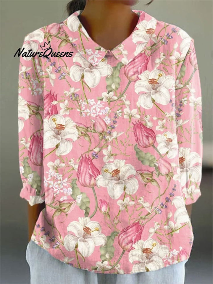 Dames Vintage Bloemen Kunstprint Casual linnen V-hals shirt