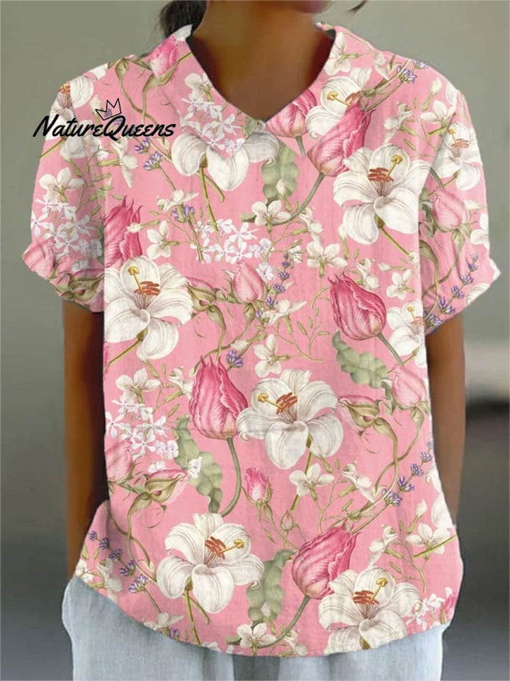 Dames Vintage Bloemen Kunstprint Casual linnen V-hals shirt