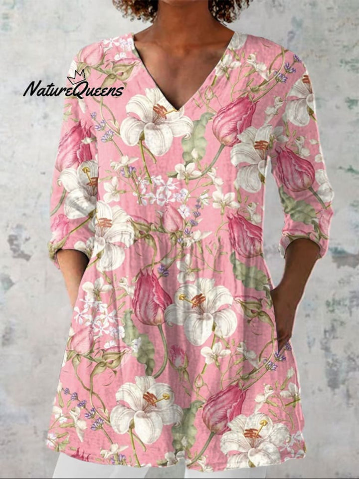 Dames Vintage Bloemen Kunstprint Casual linnen V-hals shirt
