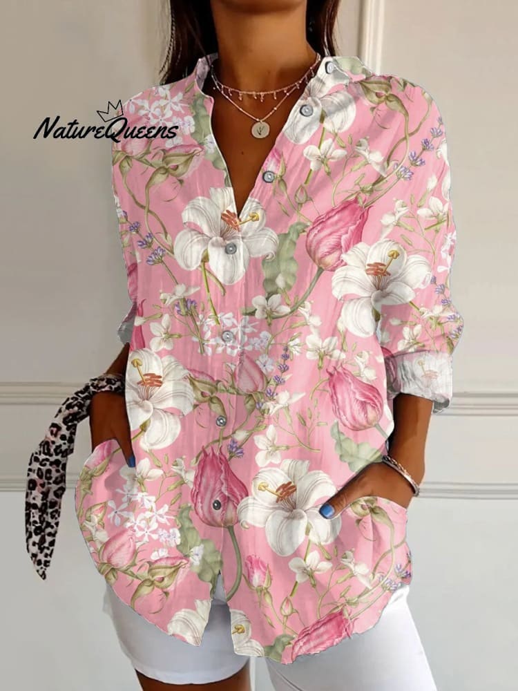 Dames Vintage Bloemen Kunstprint Casual linnen V-hals shirt