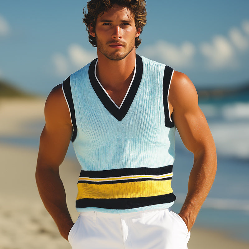 Heren Zomer V-hals Mode Kleurblok Gebreide Tanktop MTA2265E9U