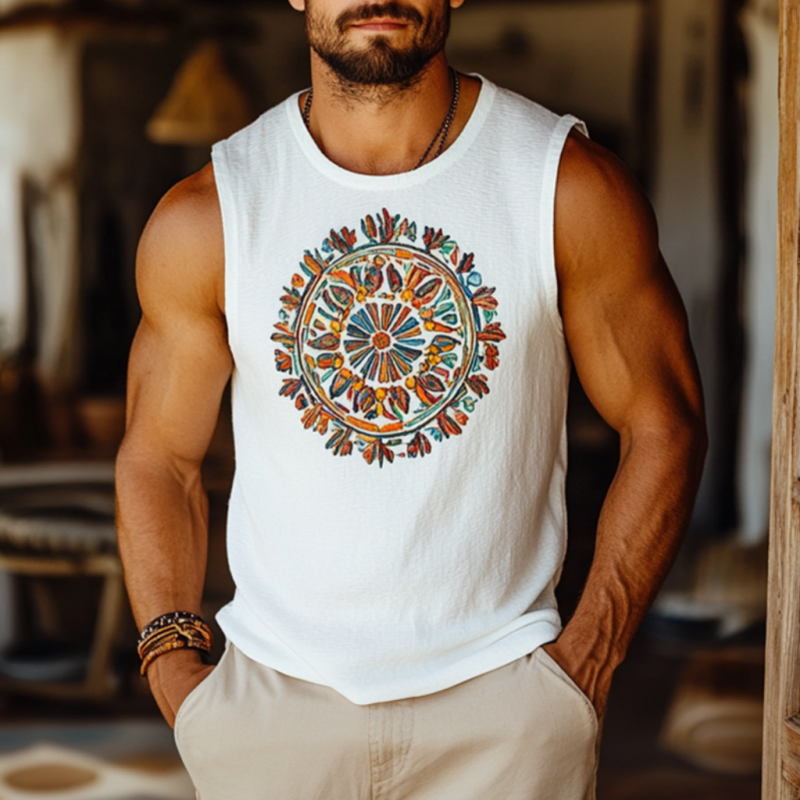 Heren Bohemian Geborduurd Naast Katoenen Ronde Hals Slim Fit Tanktop MTA2947E3M