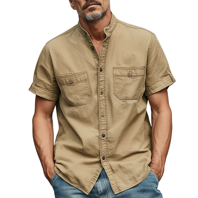 Heren Zomer Casual Katoen Gemengde Gewassen Staande Kraag Korte Mouwen Shirt MTA0220G9K