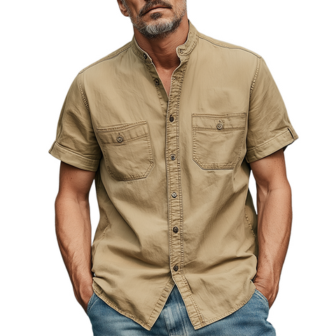Heren Zomer Casual Katoen Gemengde Gewassen Staande Kraag Korte Mouwen Shirt MTA0220G9K