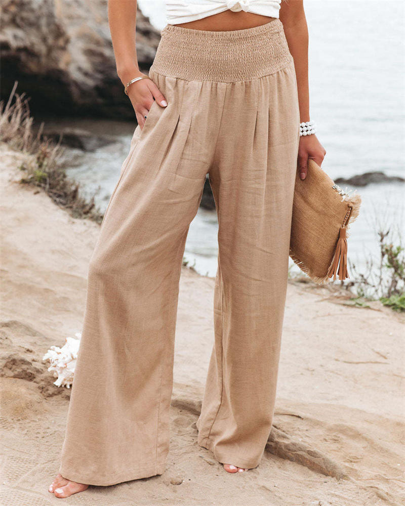 Vrouwen Katoenen en Linnen Elastische Taille Brede Pantalon 