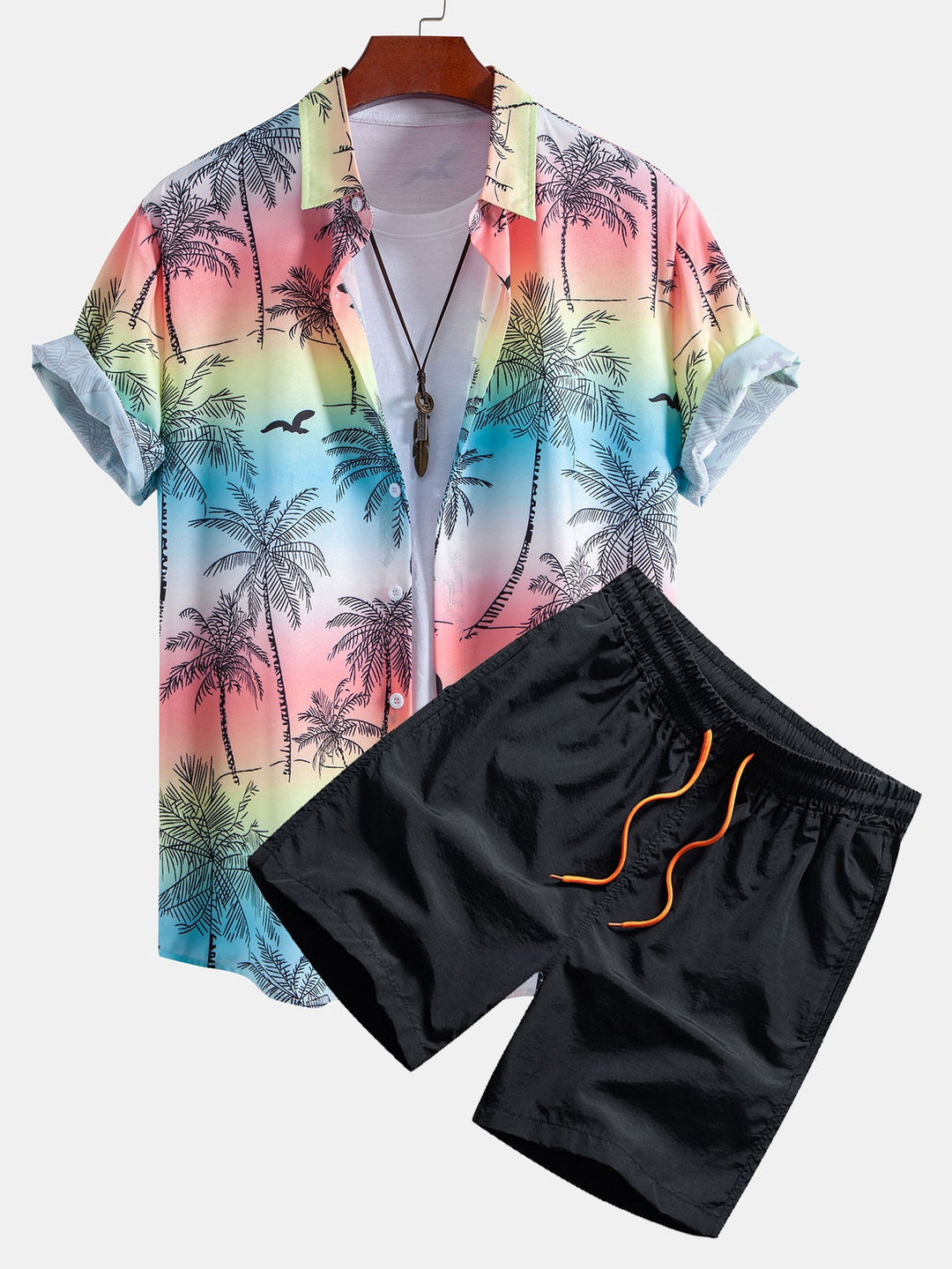 Palmboom Meeuw Print Doorknoop Shirt & Zwembroek