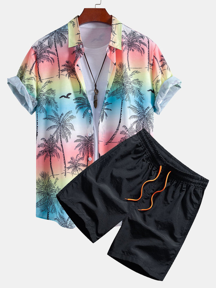 Palmboom Meeuw Print Doorknoop Shirt & Zwembroek