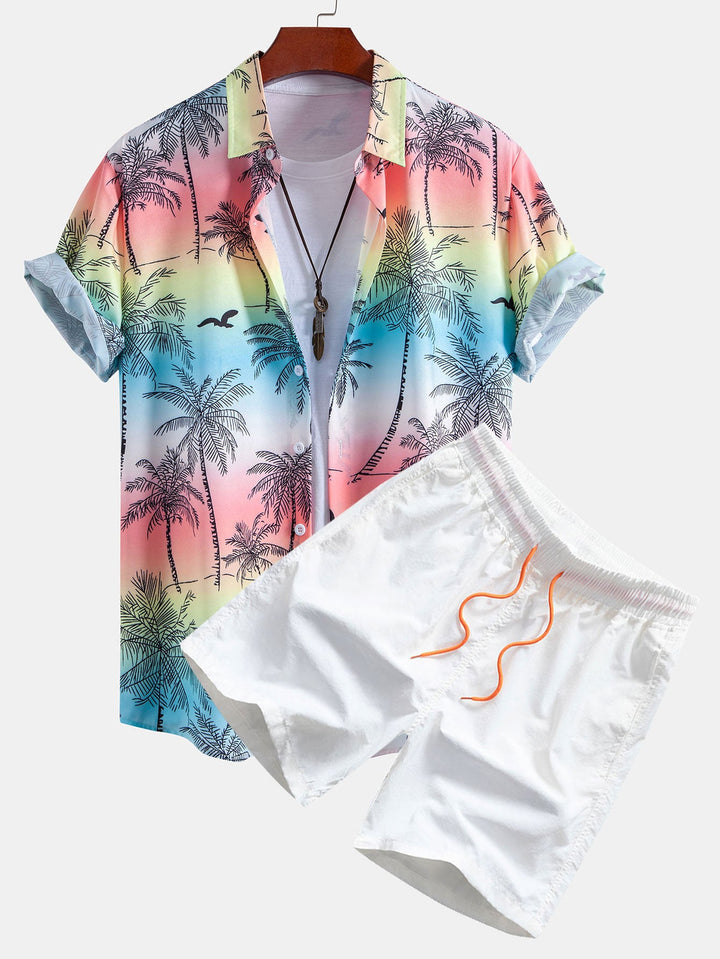 Palmboom Meeuw Print Doorknoop Shirt & Zwembroek
