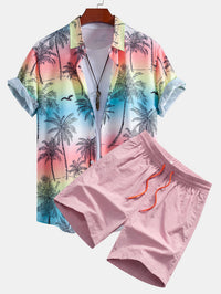 Palmboom Meeuw Print Doorknoop Shirt & Zwembroek