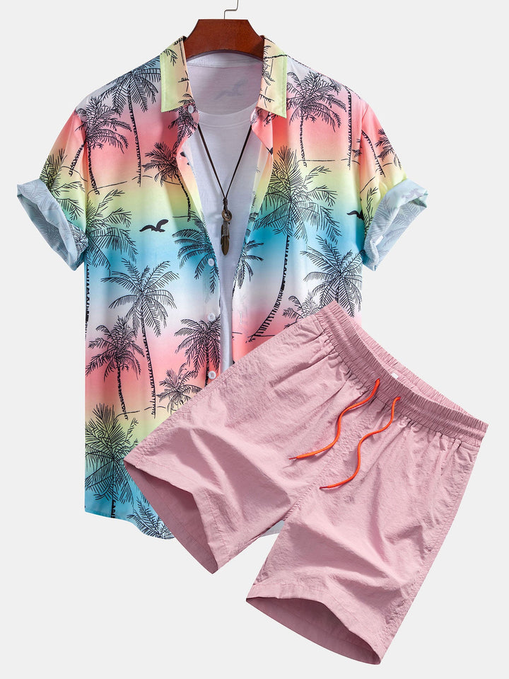 Palmboom Meeuw Print Doorknoop Shirt & Zwembroek