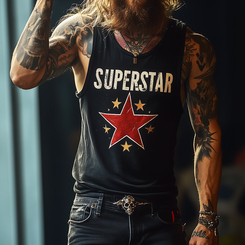 Heren Retro "SUPERSTAR" Print Casual Crew Neck Tanktop 06739045TO