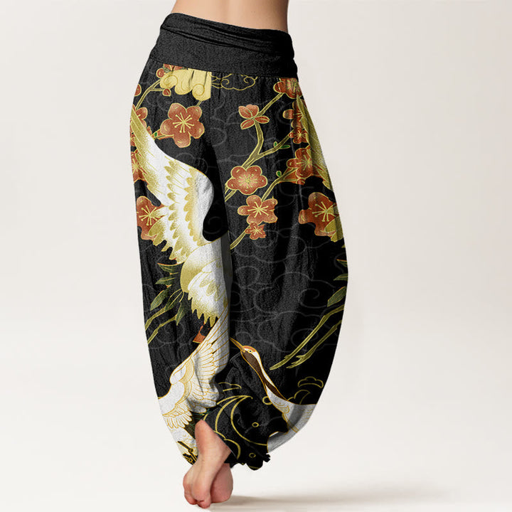 Van Dame Katoen Kraanvogels Bloemen Gelukkige Wolken patroon Dames Elastische Taille Harem Broek