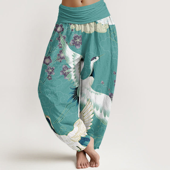 Van Dame Katoen Kraanvogels Bloemen Gelukkige Wolken patroon Dames Elastische Taille Harem Broek