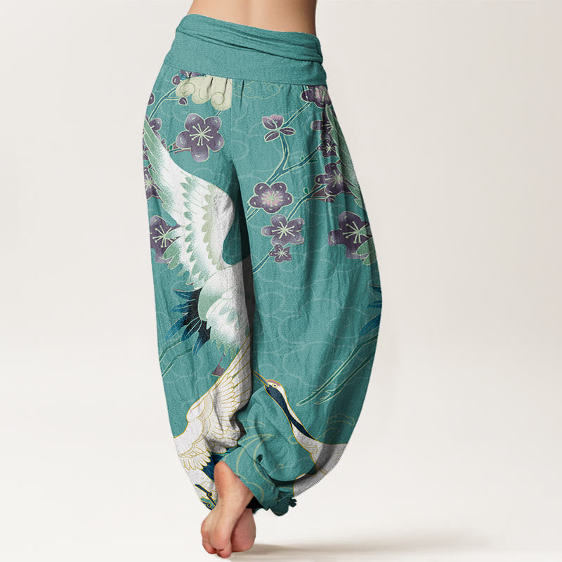 Van Dame Katoen Kraanvogels Bloemen Gelukkige Wolken patroon Dames Elastische Taille Harem Broek