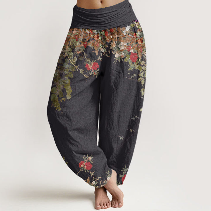 Van Dame Katoenen Casual Rode Pioenbloem Klimop Design Vrouwen Elastische Taille Harem Broek