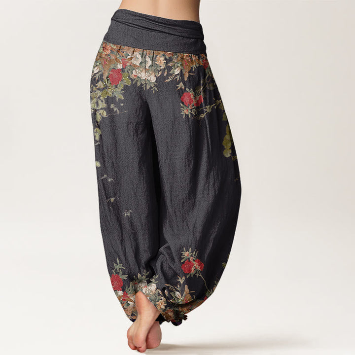 Van Dame Katoenen Casual Rode Pioenbloem Klimop Design Vrouwen Elastische Taille Harem Broek
