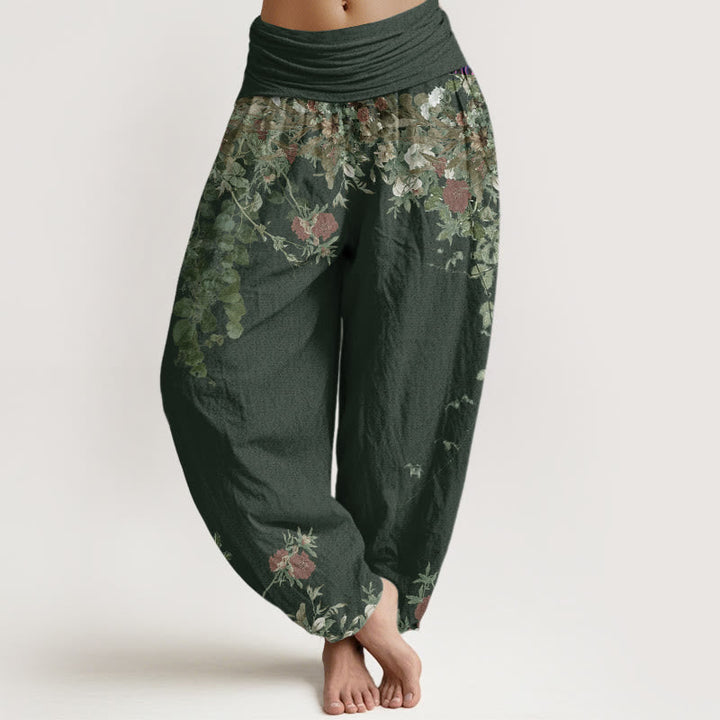 Van Dame Katoenen Casual Rode Pioenbloem Klimop Design Vrouwen Elastische Taille Harem Broek