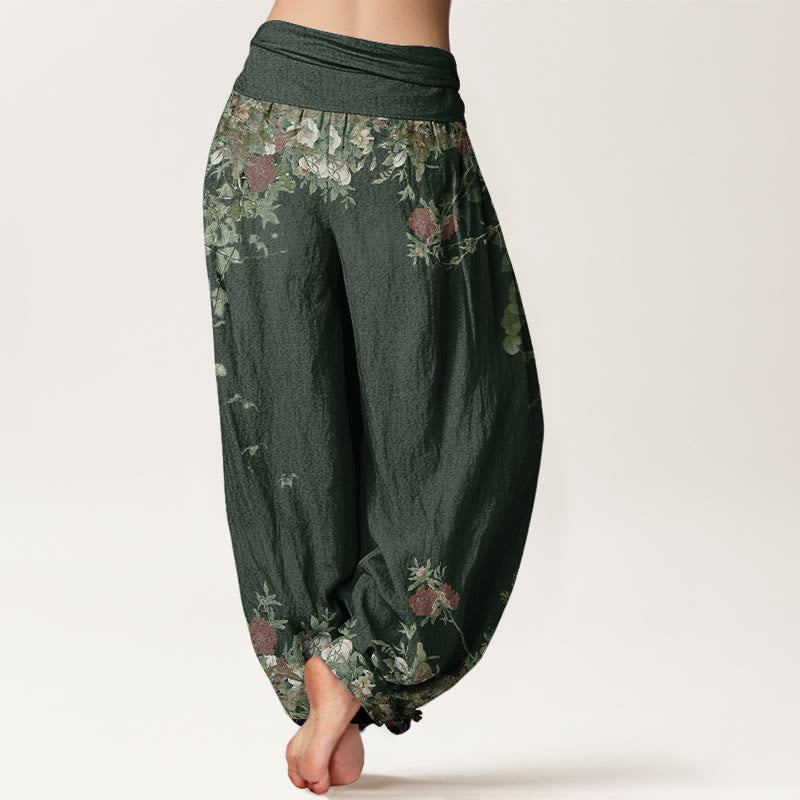 Van Dame Katoenen Casual Rode Pioenbloem Klimop Design Vrouwen Elastische Taille Harem Broek
