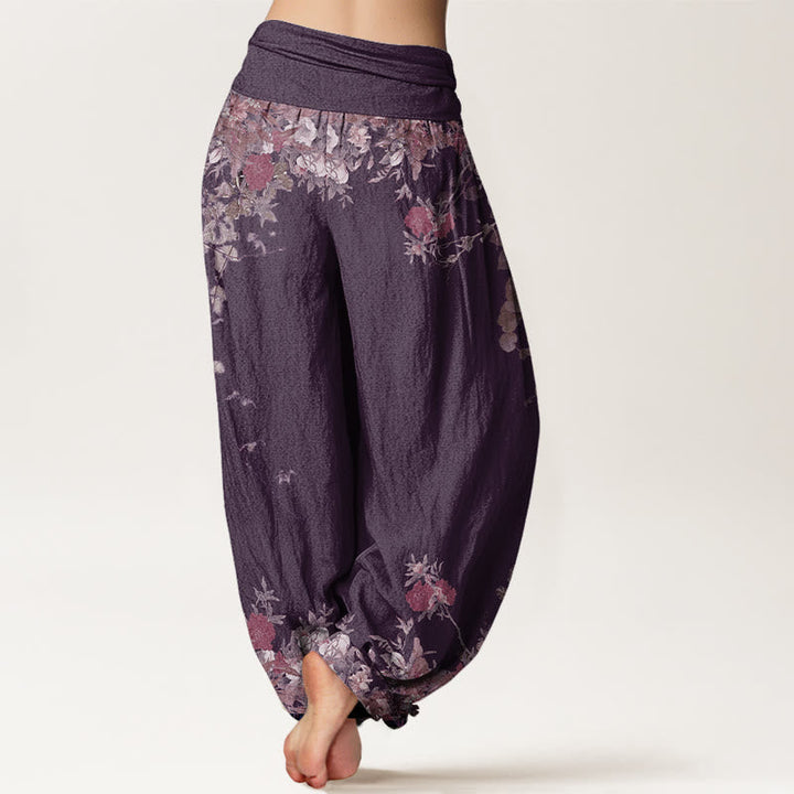 Van Dame Katoenen Casual Rode Pioenbloem Klimop Design Vrouwen Elastische Taille Harem Broek