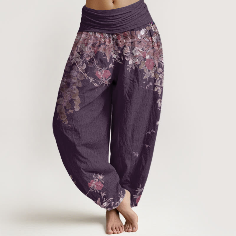 Van Dame Katoenen Casual Rode Pioenbloem Klimop Design Vrouwen Elastische Taille Harem Broek