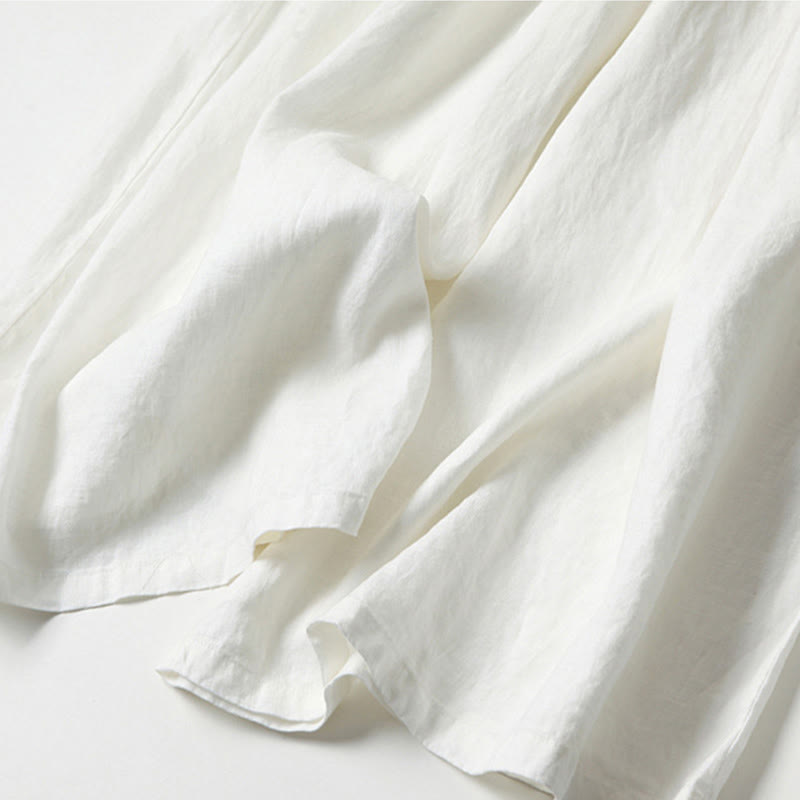 Van Dame Effen Kleur Katoen Linnen Hoge Taille Wijde Pijpen Broek Met Zakken