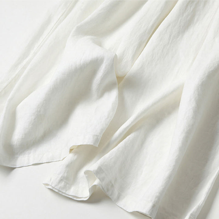 Van Dame Effen Kleur Katoen Linnen Hoge Taille Wijde Pijpen Broek Met Zakken