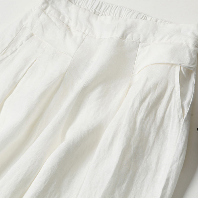 Van Dame Effen Kleur Katoen Linnen Hoge Taille Wijde Pijpen Broek Met Zakken