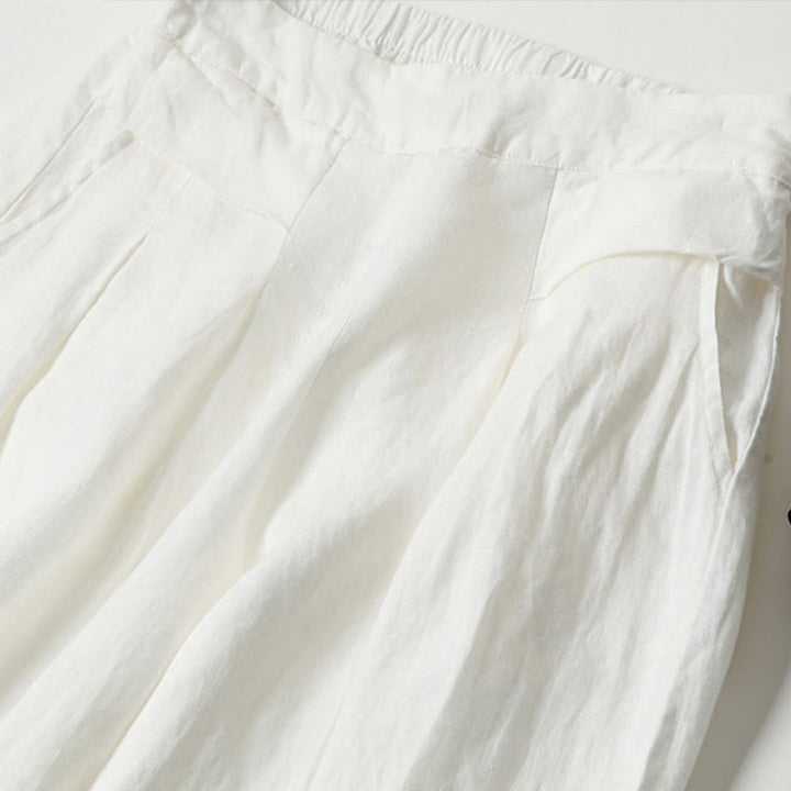 Van Dame Effen Kleur Katoen Linnen Hoge Taille Wijde Pijpen Broek Met Zakken
