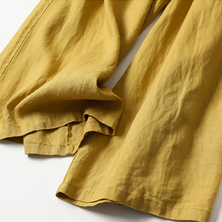 Van Dame Effen Kleur Katoen Linnen Hoge Taille Wijde Pijpen Broek Met Zakken