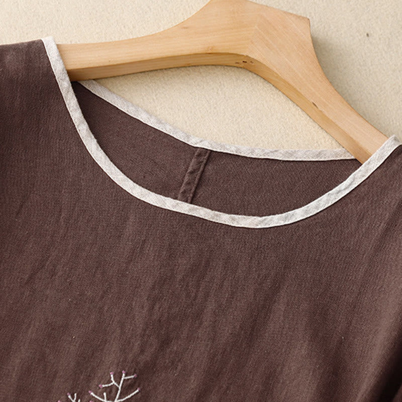 Casual Borduurwerk Boom Trekkoord Dames Crew Neck Ontwerp Halve Mouw Katoen Linnen T-shirt