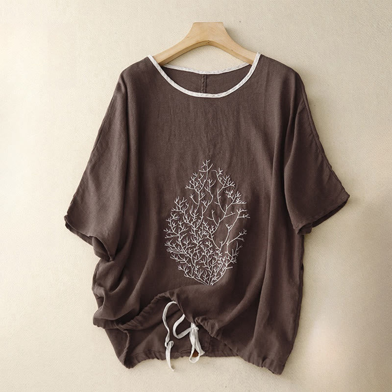 Casual Borduurwerk Boom Trekkoord Dames Crew Neck Ontwerp Halve Mouw Katoen Linnen T-shirt