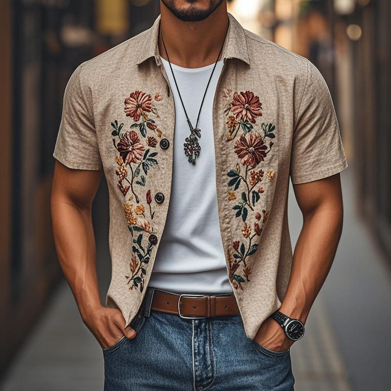Heren Casual Linnen Geborduurde Revers Effen Shirt met Korte Mouwen