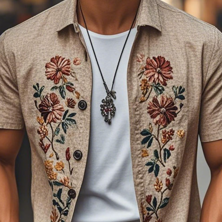 Heren Casual Linnen Geborduurde Revers Effen Shirt met Korte Mouwen