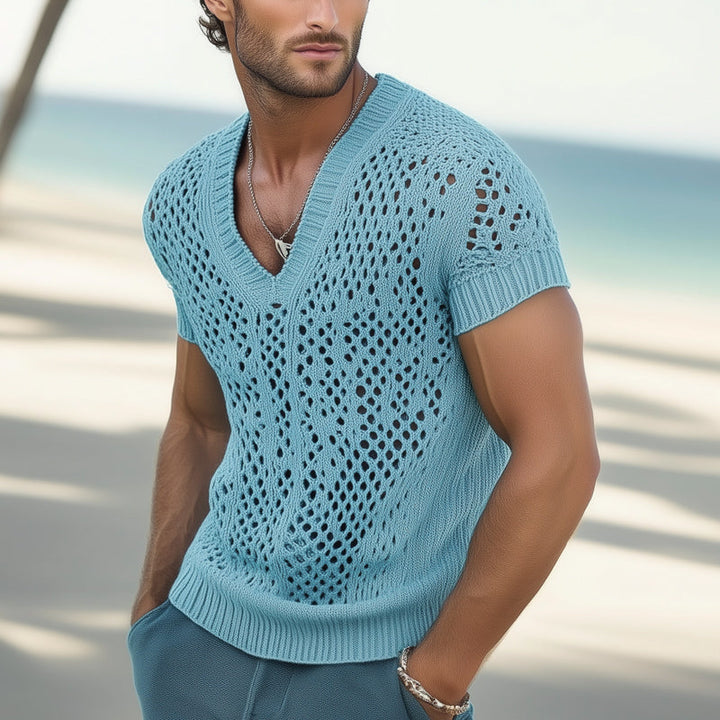 【24-uurs verzending】Heren Zomer Mode V-hals Gebreide Mesh uitgebreid T-shirt 