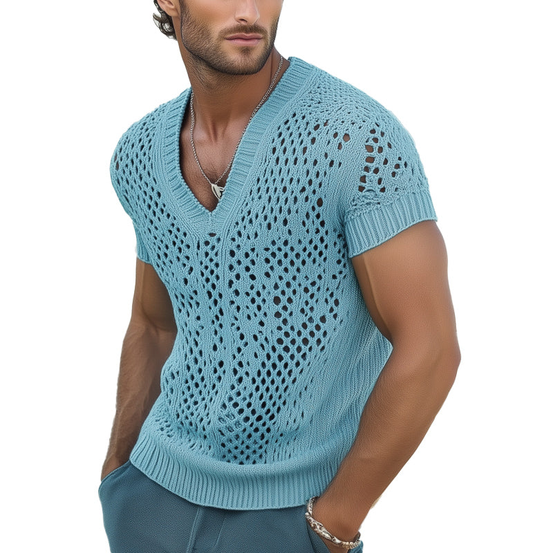 【24-uurs verzending】Heren Zomer Mode V-hals Gebreide Mesh uitgebreid T-shirt 
