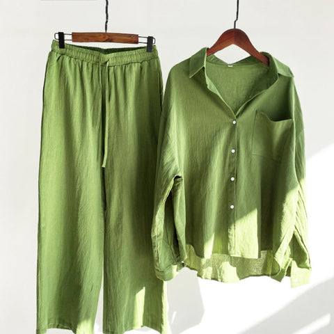 2Pcs Langsleeve Shirt Top Met Zakjes Trekkoord Broek Meditatie Katoenen Kleding Vrouwen Set