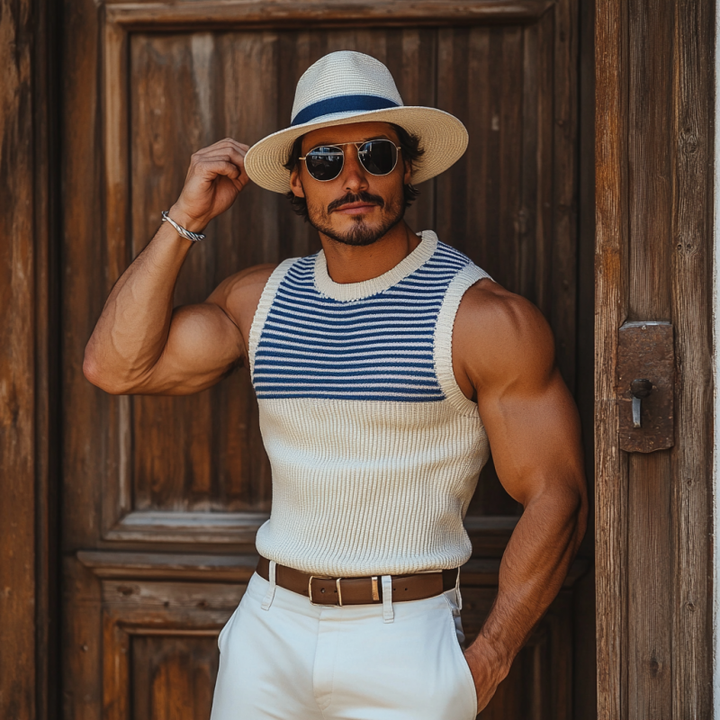 Heren Casual Ronde Hals Marineblauw Gestreepte Slim Fit Gebreide Tanktop MTA0817D6M