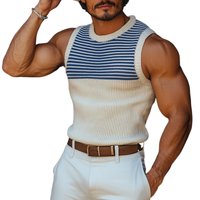 Heren Casual Ronde Hals Marineblauw Gestreepte Slim Fit Gebreide Tanktop MTA0817D6M