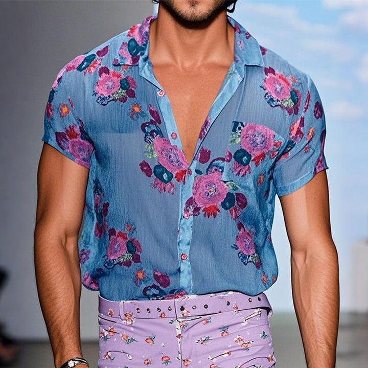 【24-uurs verzending】 Heren Retro Casual Mesh Gedrukt Bloemen Revers Korte Mouwen Shirt MTA1435D2TO