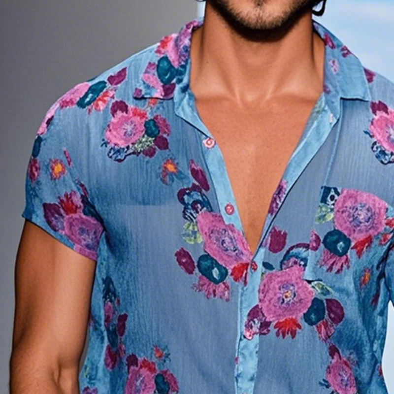 【24-uurs verzending】 Heren Retro Casual Mesh Gedrukt Bloemen Revers Korte Mouwen Shirt MTA1435D2TO