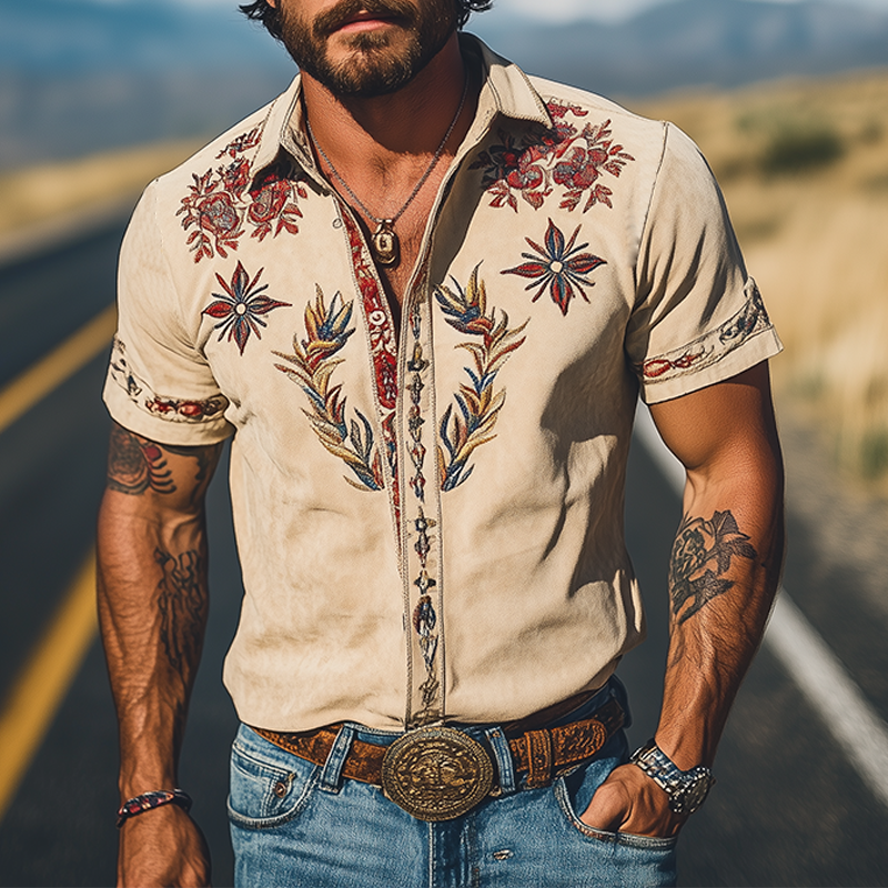 【24-uurs verzending】Heren Lente/Zomer Mode Retro Westerse Stijl Suède Geborduurde Korte Mouwen Shirt MTA1533D2K