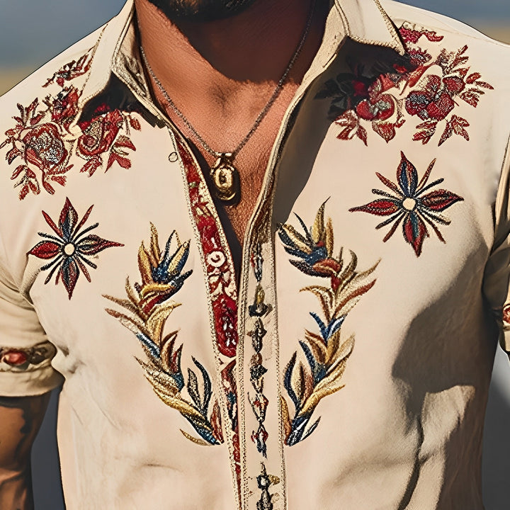 【24-uurs verzending】Heren Lente/Zomer Mode Retro Westerse Stijl Suède Geborduurde Korte Mouw Shirt MTA1533D2K
