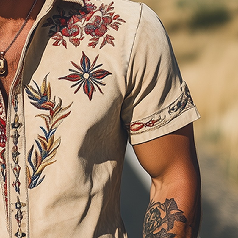 【24-uurs verzending】Heren Lente/Zomer Mode Retro Westerse Stijl Suède Geborduurde Korte Mouwen Shirt