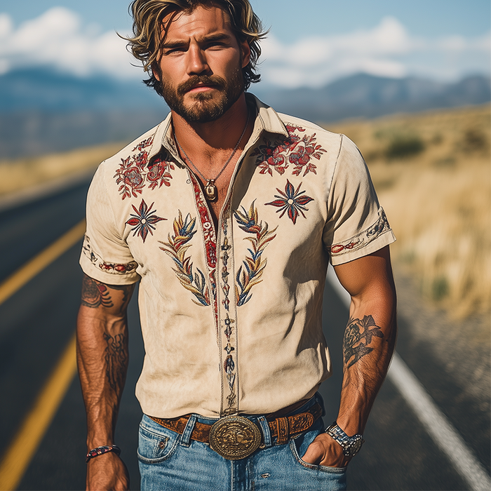 【24-uurs verzending】Heren Lente/Zomer Mode Retro Westerse Stijl Suède Geborduurde Korte Mouwen Shirt MTA1533D2K